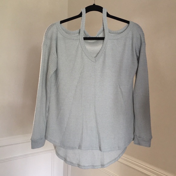 LIV - Light Blue Waffle Material Shoulder Cutout Top Blouse - Picture 7 of 7